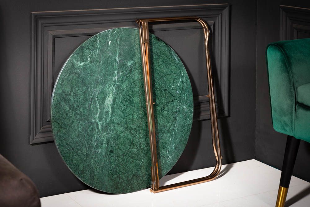 Runder Couchtisch NOBLE 65cm grün Marmor abnehmbare Tischplatte klappbar gold Metall
