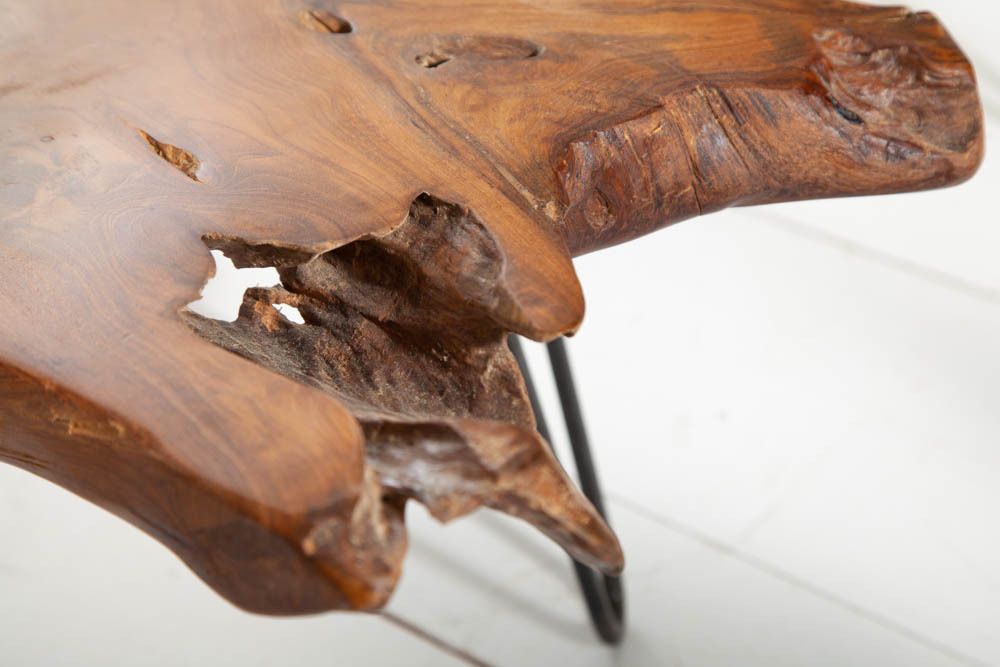 Massiver Couchtisch WILD 100cm Teak Massivholz Baumscheibe Hairpin Legs