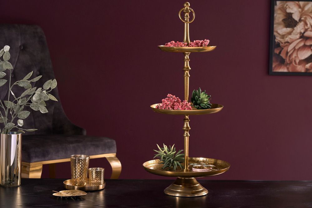 Design Etagere ORIENT 65cm gold im Wild Hammerschlag mit drei Etagen
