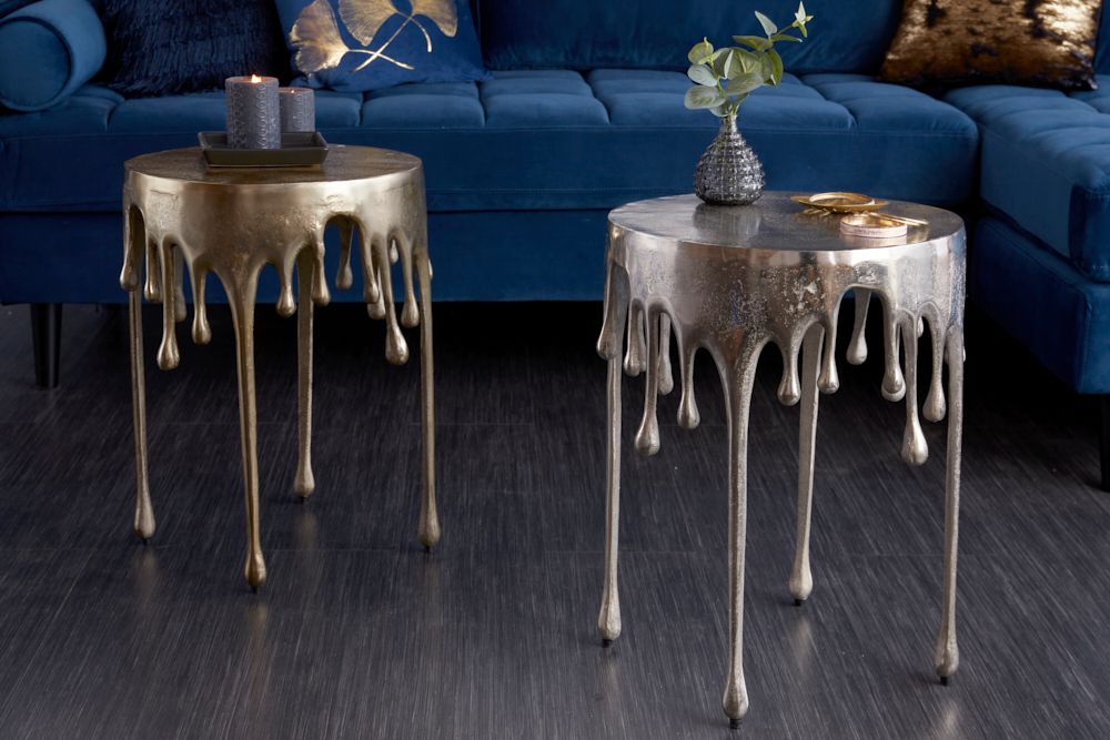 Extravaganter Beistelltisch LIQUID LINE 50cm silber Tropfen-Design Metall Aluminium rund