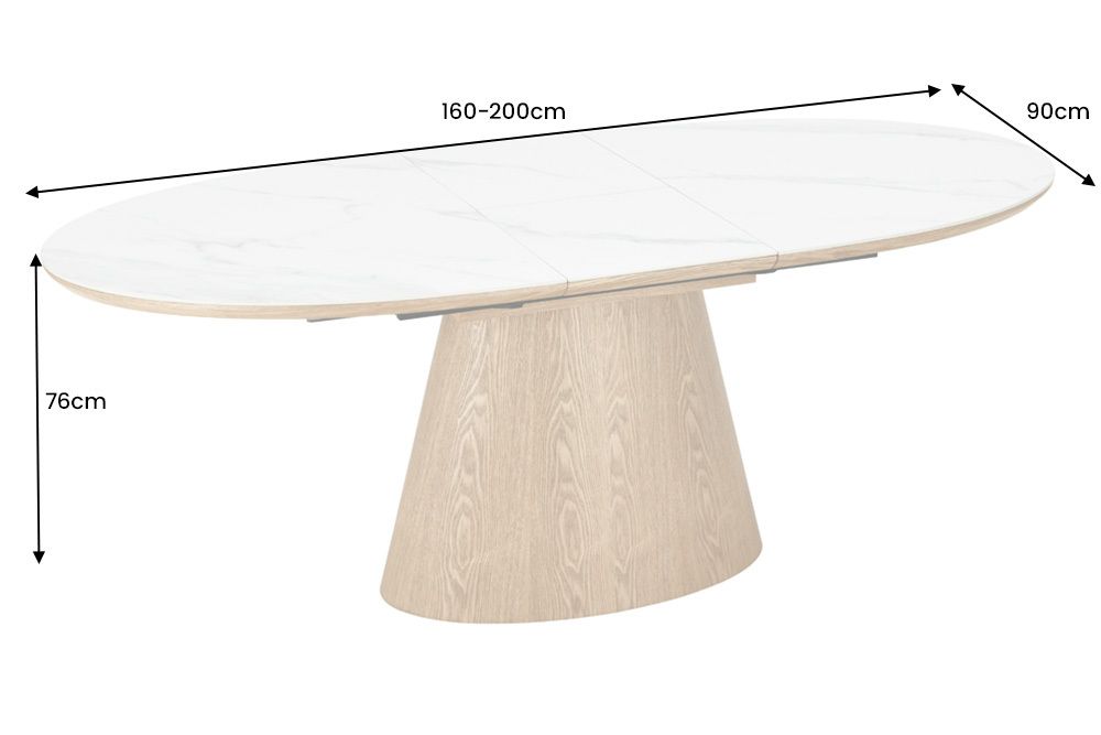 Ausziehbarer Esstisch UNIQUE 160-200cm weiß natur Eichenholz Keramik Marmor Säulenfuß