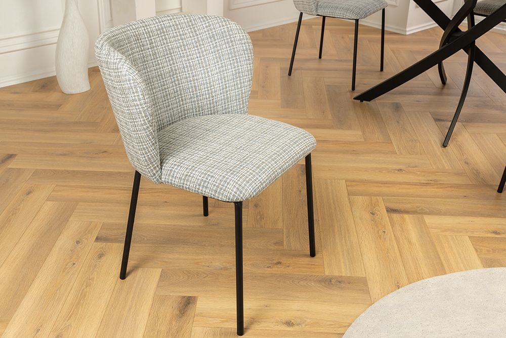 Design Stuhl LYON blau kariert Bouclé schwarze Metallbeine