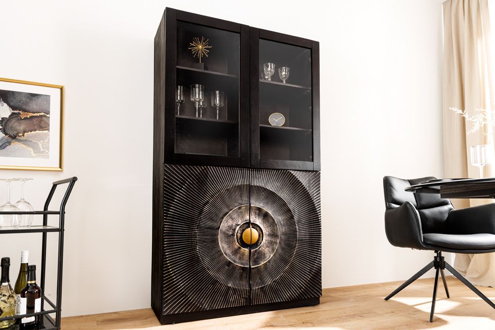 Massives Highboard GOLDEN SUNSET 180cm schwarz gold Mangoholz mit Glastüren Vitrine