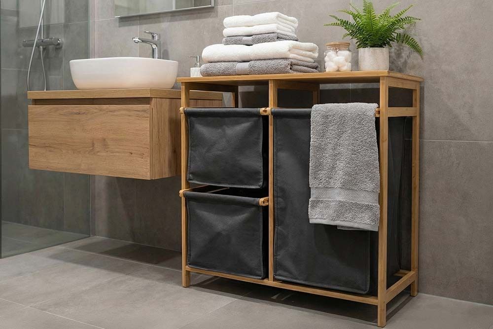 Massivholz Wäschekorb LAGOON SPA 70cm natur grau Bambus drei Wäschebeutel waschbar