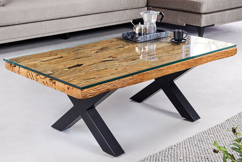 Massiver Couchtisch BARRACUDA 110cm antik natur Teakholz X-Gestell Glasplatte