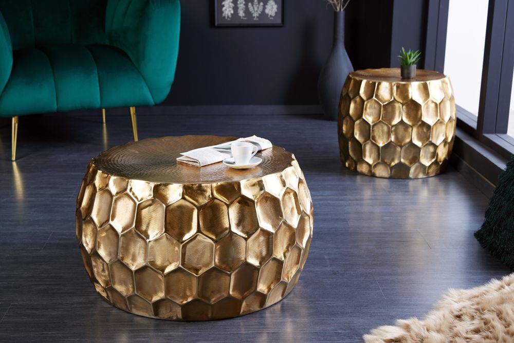 Runder Couchtisch ORGANIC ORIENT 70cm gold Metall Hammerschlag handmade Waben Design
