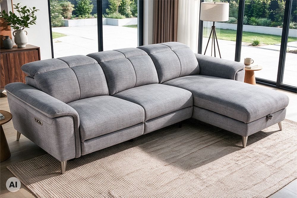 3-Sitzer Sofa IMPERIA 255cm grau Vogue Seiden Samtstoff elektrische Fußstütze