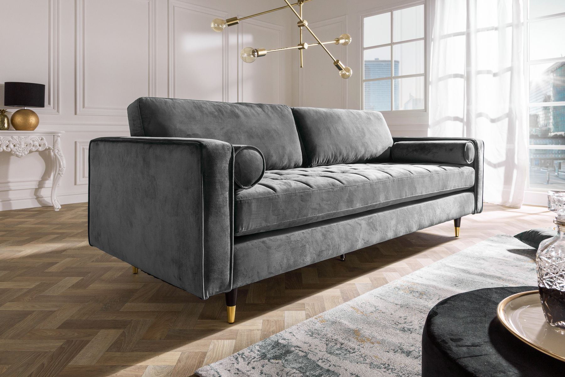 Design 3-Sitzer Sofa COZY VELVET 220cm grau Samt Federkern Lounge
