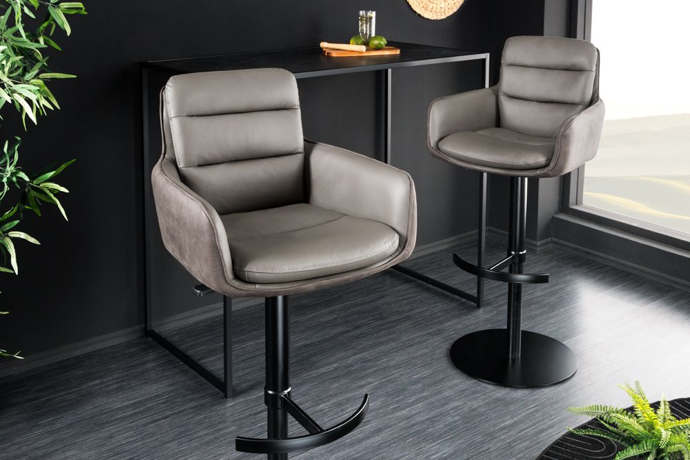 Drehbarer Design Barhocker BIG GEORGE taupe Echtleder Microfaser höhenverstellbar mit Armlehnen