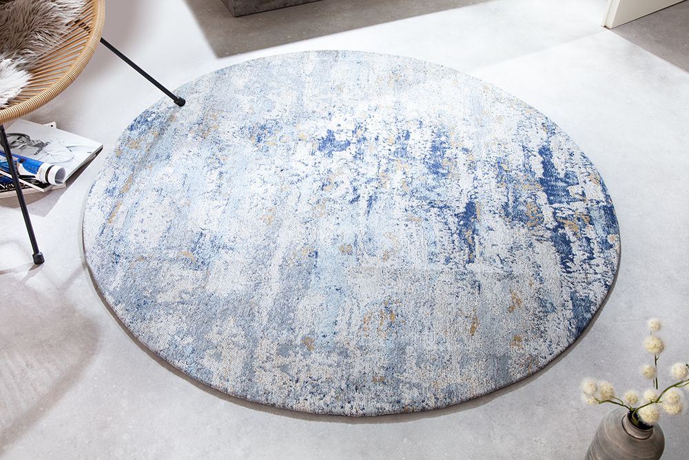 Vintage Teppich MODERN ART 150cm blau verwaschen rund Used Look