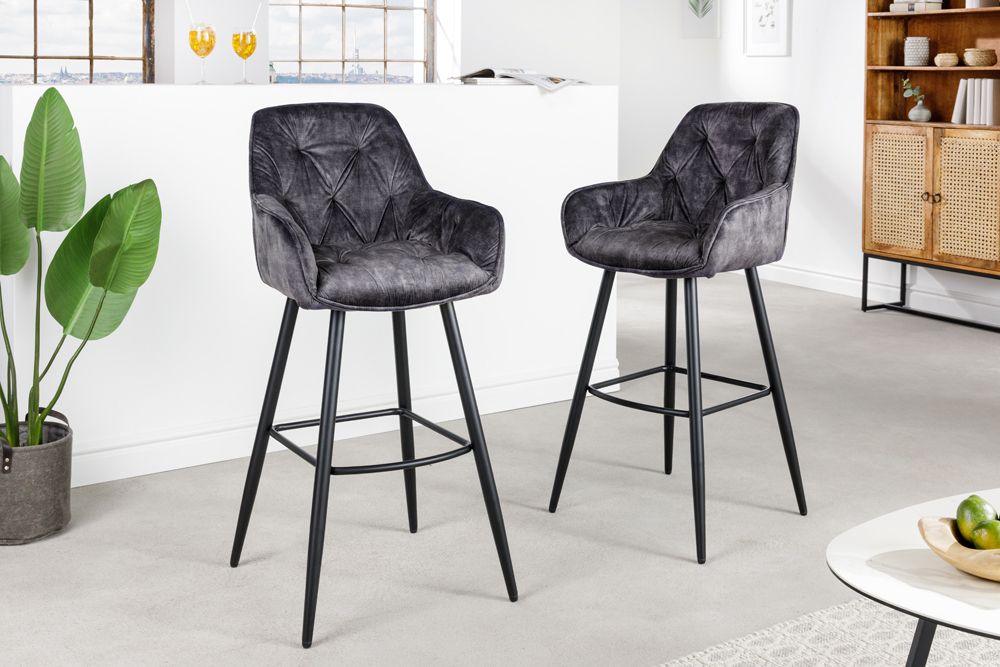 Design Barhocker MILANO grau Samt Barstuhl mit Lehne Metall schwarz Chesterfield-Steppung