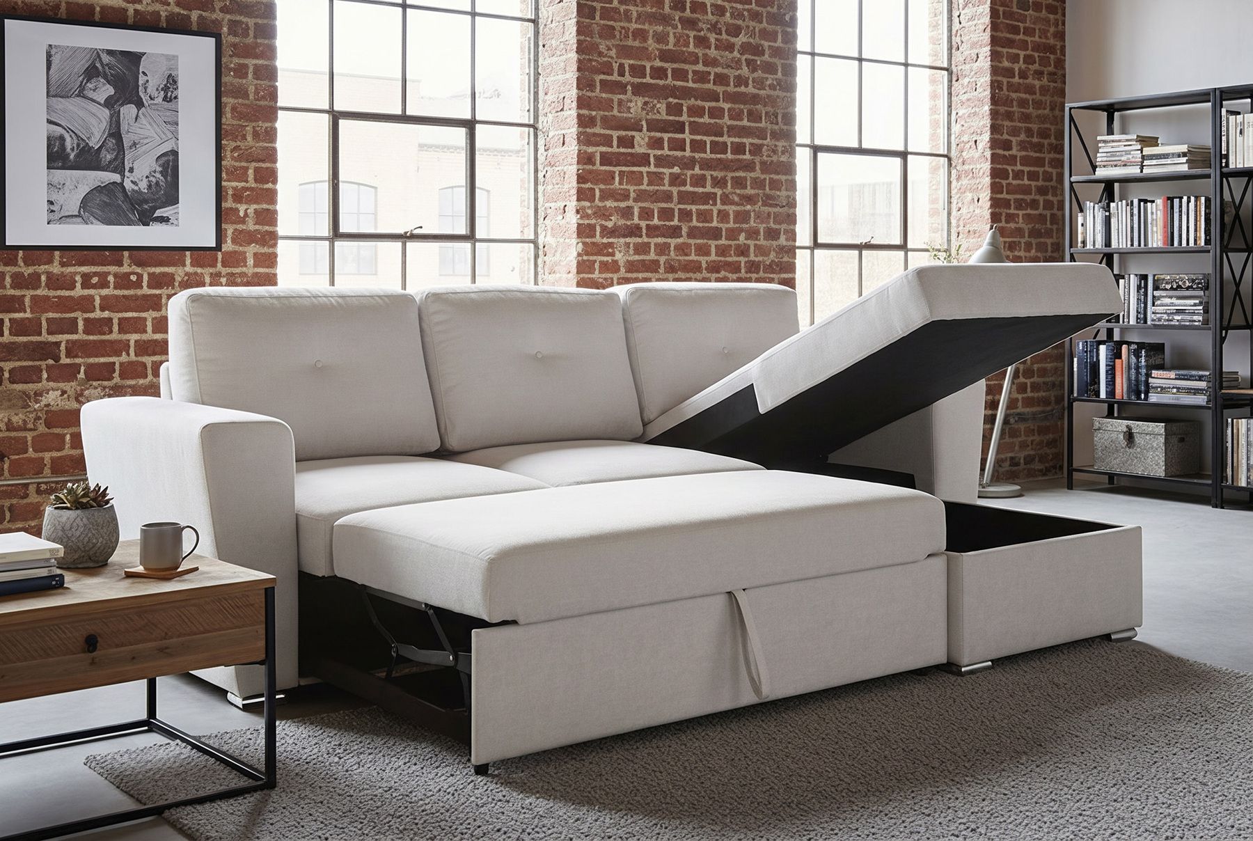 Ecksofa mit Schlaffunktion APARTMENT beidseitig aufbaubar beige Strukturstoff inkl. Stauraum