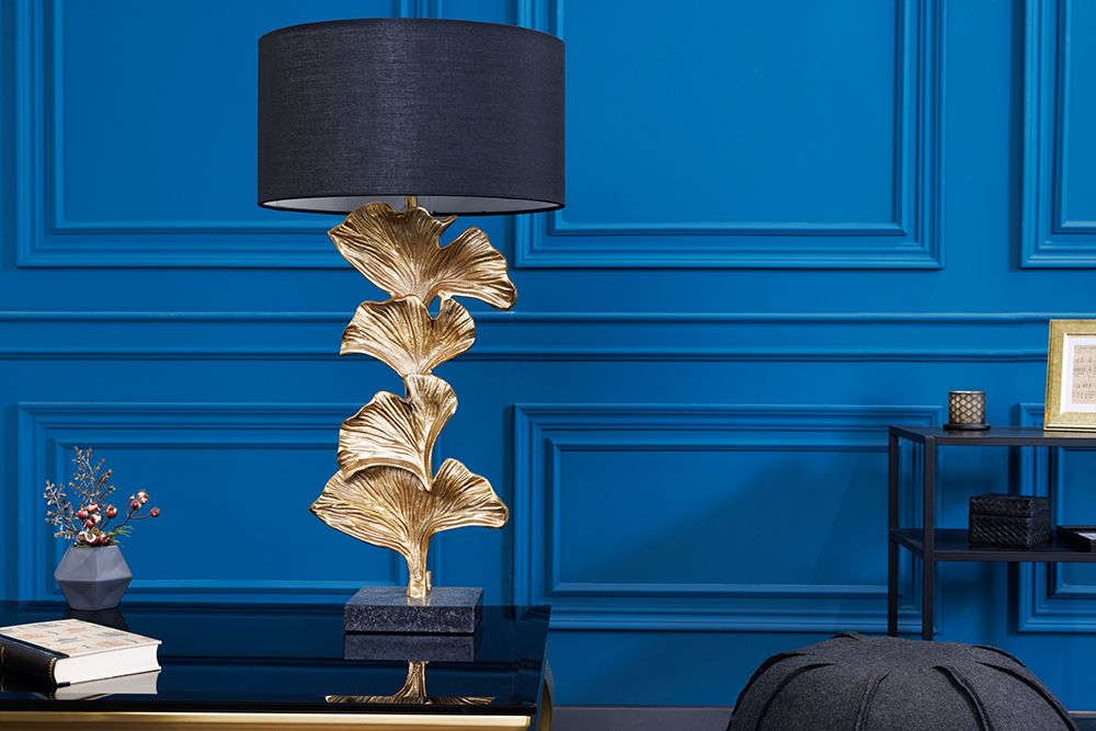 Design Tischlampe GINKGO 70cm schwarz Stoffschirm gold Metall handmade Marmor-Fuß
