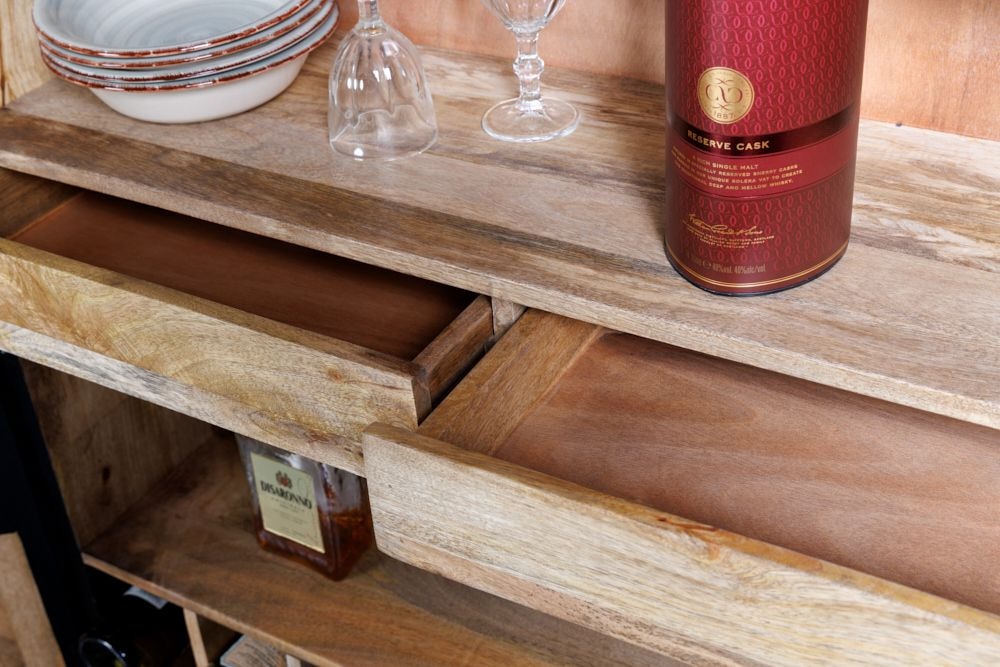 Massiver XXL Barschrank MANDALA 140cm Mangoholz schwarz gold Metallgestell Schnitzerei