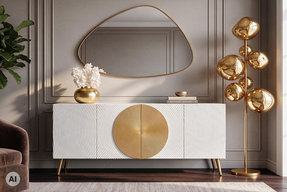 Massives Sideboard AURUM 180cm weiß Mangoholz mit ikonischem Gold-Element