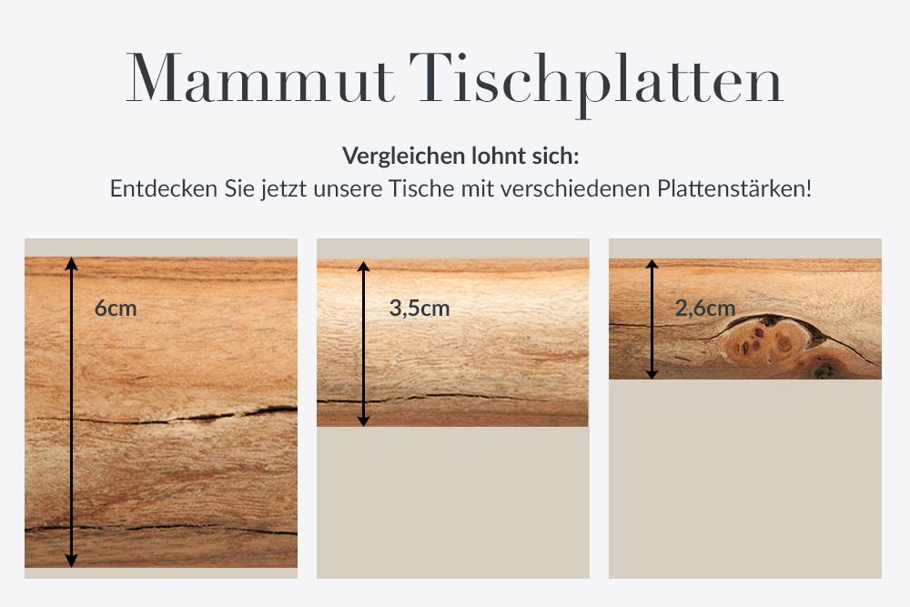 Massivholz Esstisch MAMMUT 300cm Akazie X-Gestell schwarz Metall Baumkante 6cm Tischplatte
