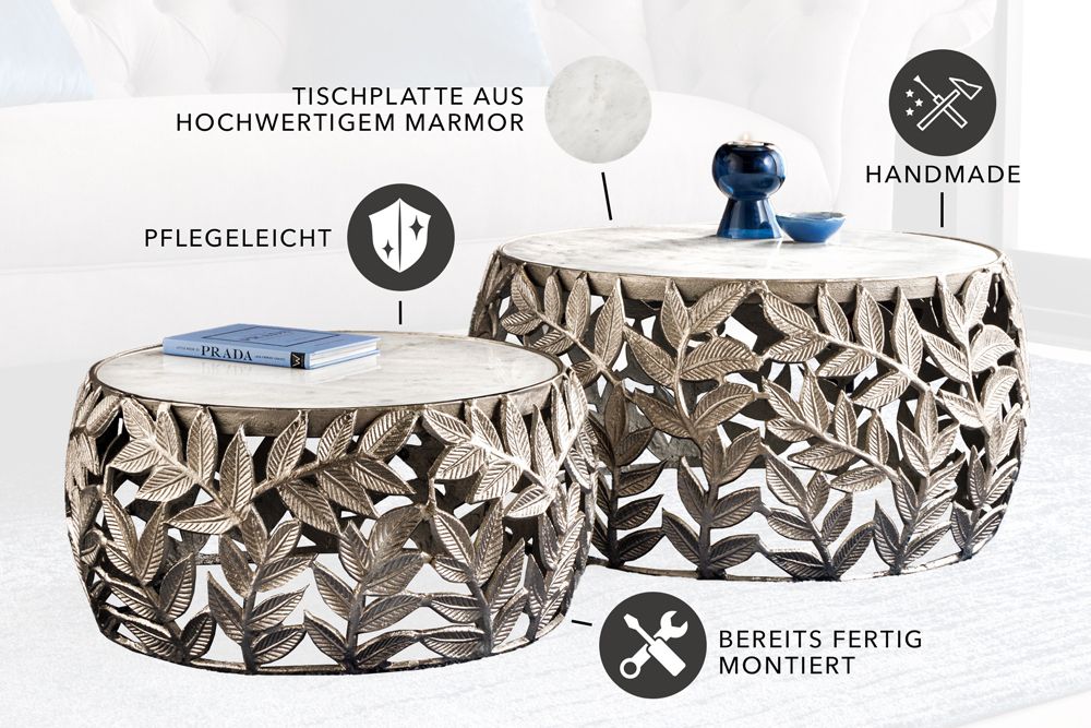 Rundes 2er Set Couchtische ABSTRACT LEAF 70cm weiß silber Marmor Metall Blatt-Design