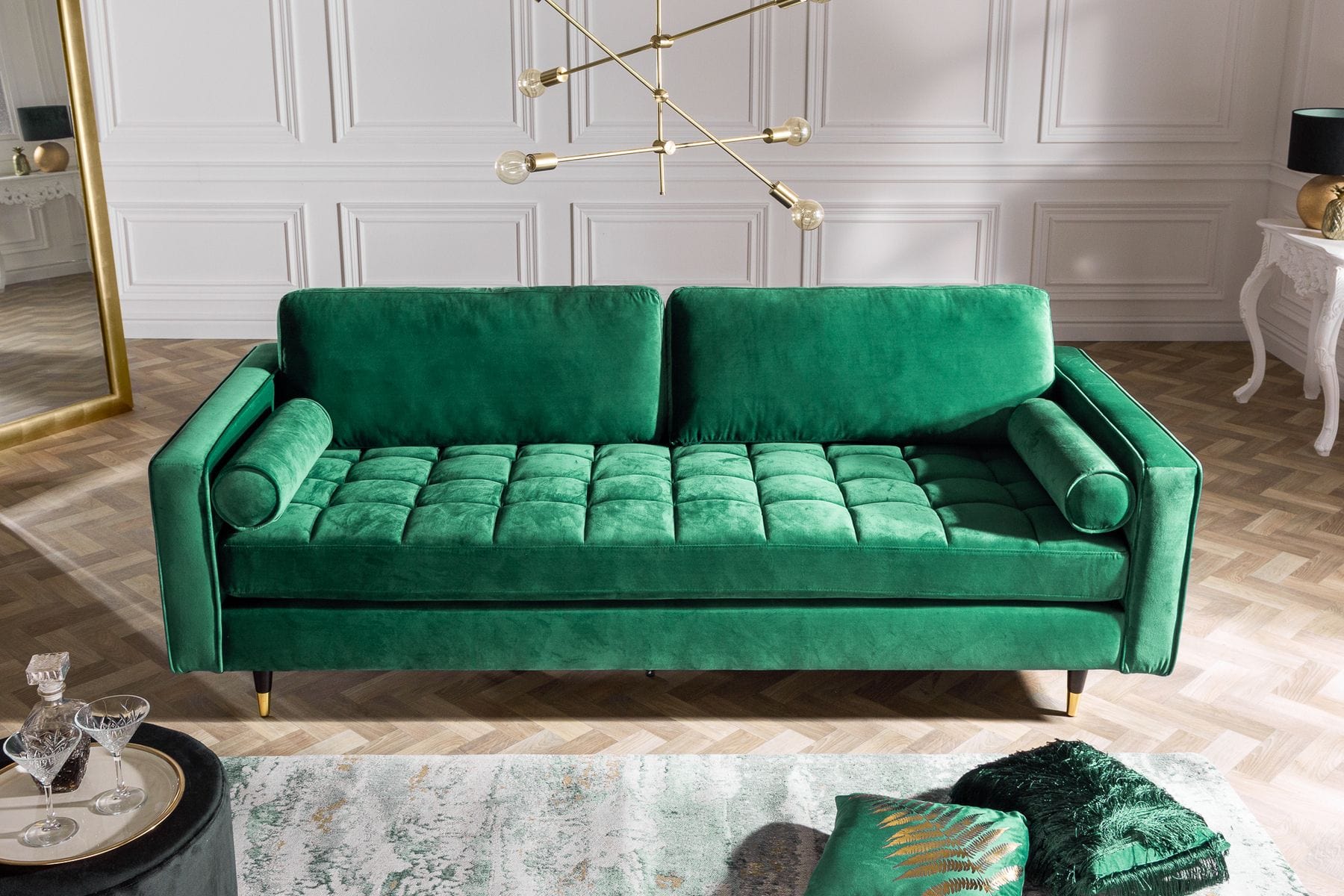 Design 3-Sitzer Sofa COZY VELVET 220cm smaragdgrün Samt Federkern Lounge