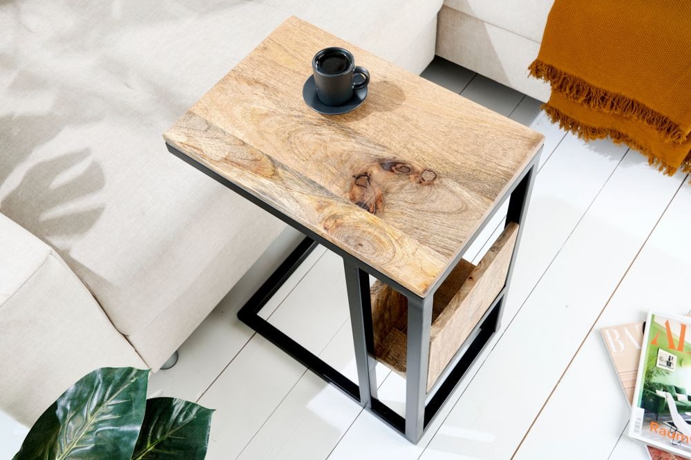 Moderner Laptoptisch CONCIERGE 60cm natur Mangoholz Beistelltisch mit Stauraum Metallgestell