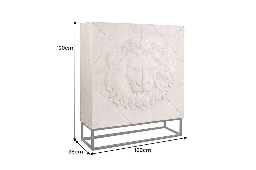 Massives Highboard LION 120cm creme Mangoholz schwarz Metall 3D Schnitzereien Kunstwerk
