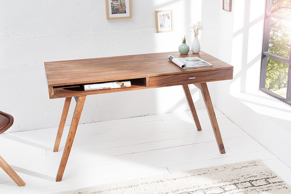 Design Schreibtisch RETRO 120cm braun Sheeshamholz stone finish Design Klassiker