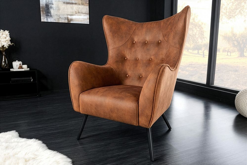 Design XL Sessel AMSTERDAM antik braun Microfaser schwarze Metallbeine