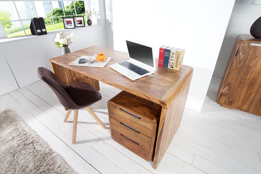 Massivholz Bürotisch CUBUS 120cm braun Sheeshamholz stone finish Schreibtisch