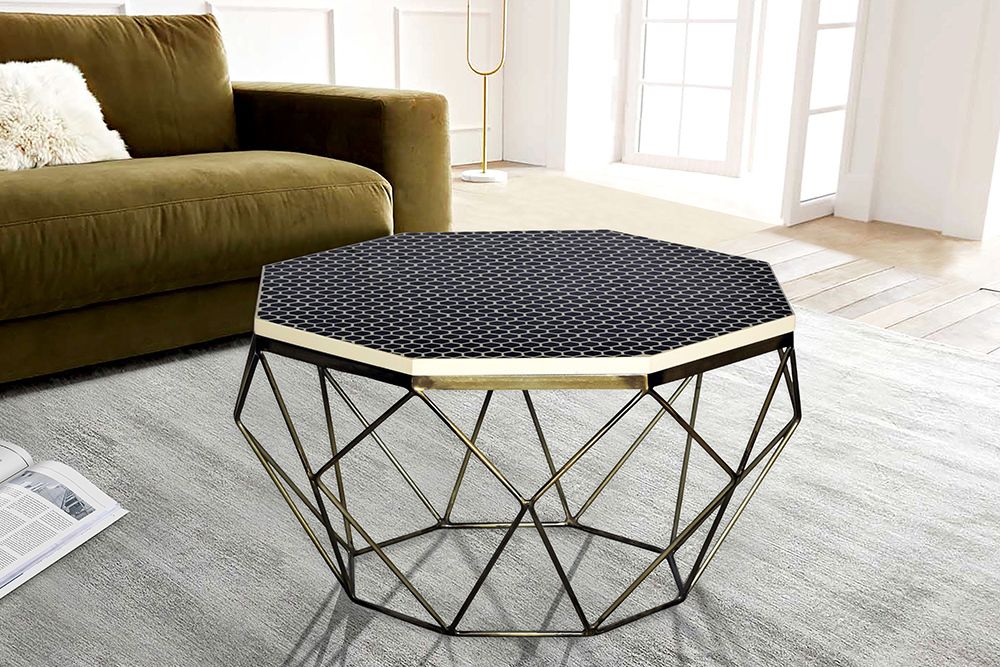 Couchtisch DIAMOND 70cm schwarz weiß messing Mosaik Kunsthandwerk