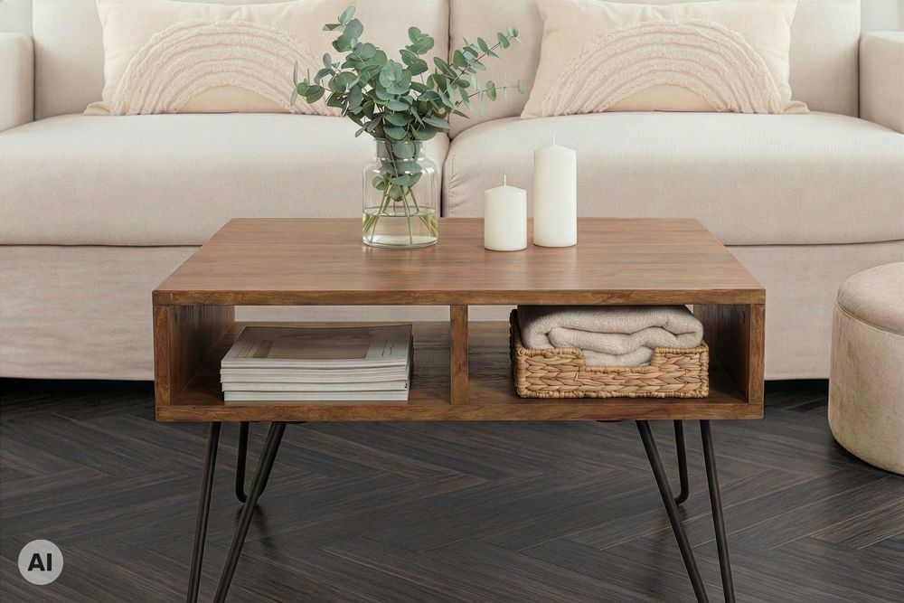 Massiver Couchtisch SCORPION 60cm braun honey finish Mangoholz mit Hairpin Legs