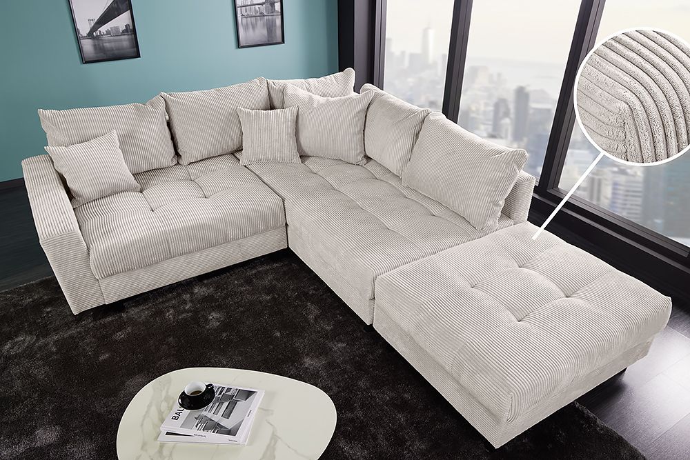 Modernes Ecksofa KENT 220cm beige Cord inkl. Hocker Federkern L-Form Wohnlandschaft