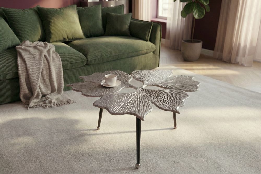 Dekorativer Couchtisch GINKGO LEAFS 75cm silber handmade Metall