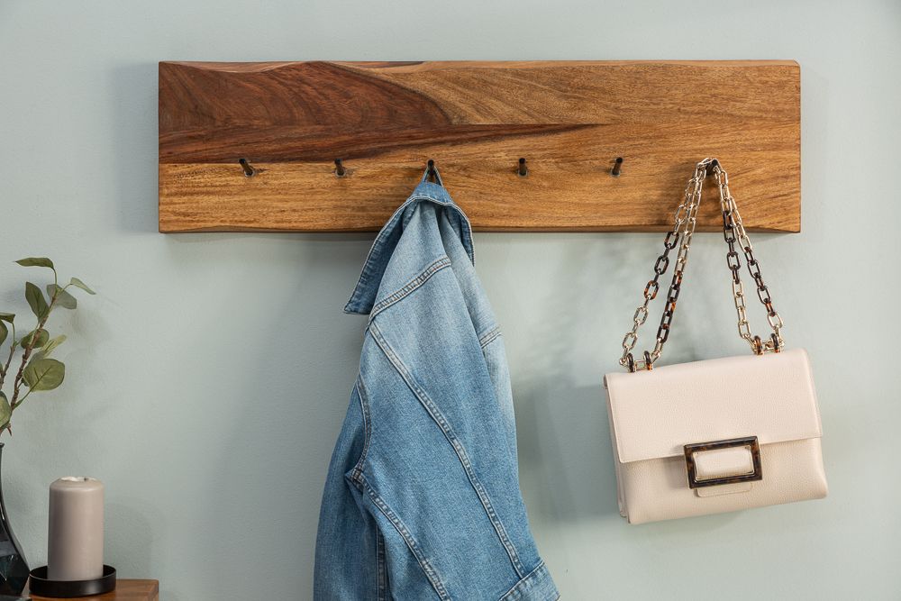 Massivholz Wandgarderobe MAMMUT 80cm braun Sheesham stone finish 6 Kleiderhaken
