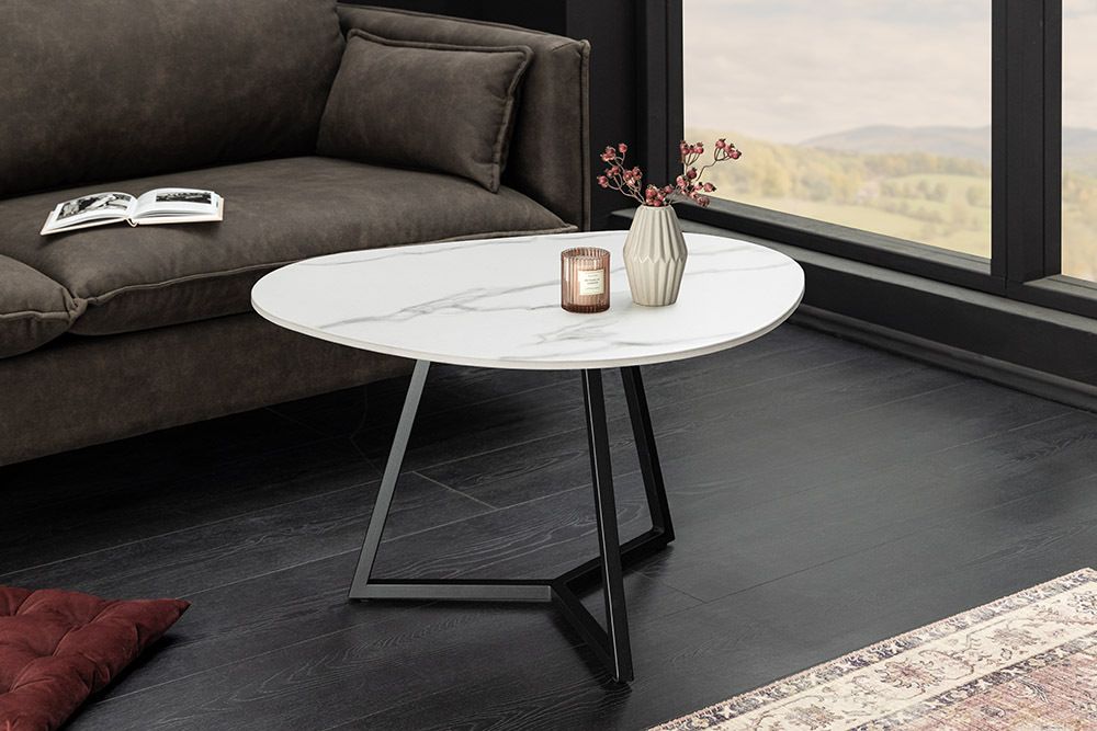Design Couchtisch MARVELOUS 70cm weiß Marmor Keramik schwarzes Metall