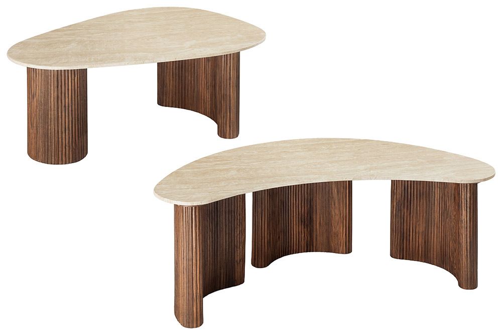 2er Set Couchtische OSAKA 120cm champagner greige Travertin Keramik Walnuss