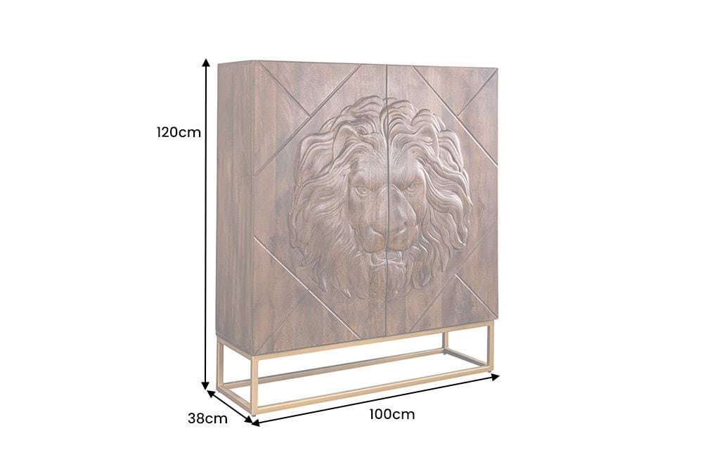 Massives Highboard LION 120cm braun Mangoholz gold Metall 3D Schnitzereien Kunstwerk
