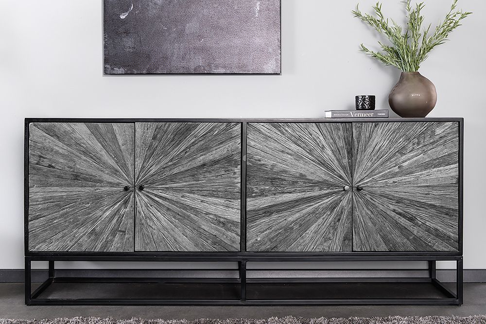 Massives Sideboard BARRACUDA 180cm grau Mangoholz mit Teakholz-Front schwarz Metall