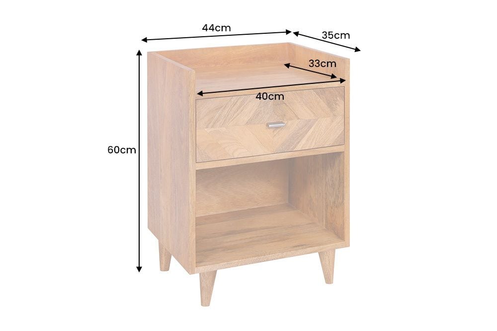 Massiver Nachttisch INFINITY 60cm natur Mangoholz mit Fach und Schublade