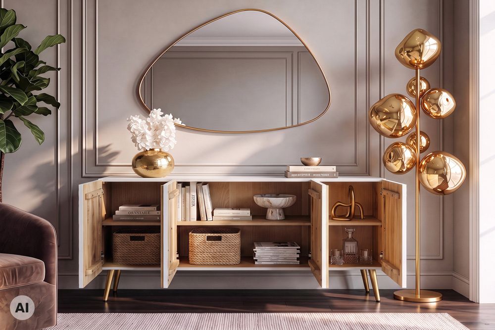 Massives Sideboard AURUM 180cm weiß Mangoholz mit ikonischem Gold-Element