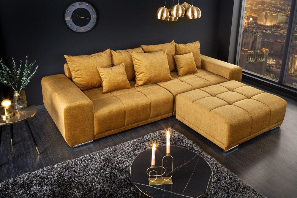 Big Sofa ELEGANCIA 285cm senfgelb Vogue Velours Samt XXL Couch inkl. Kissen Federkern