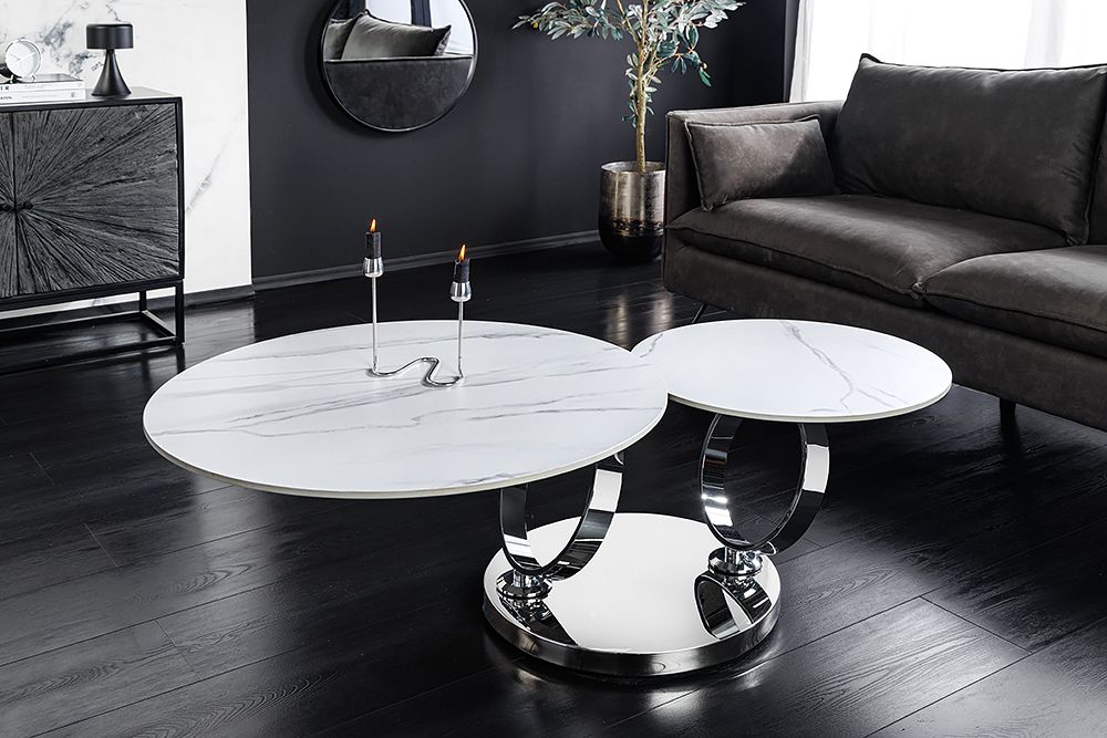 Design Couchtisch DANCING RINGS weiß rund drehbar Marmor Keramik Chrome Gestell