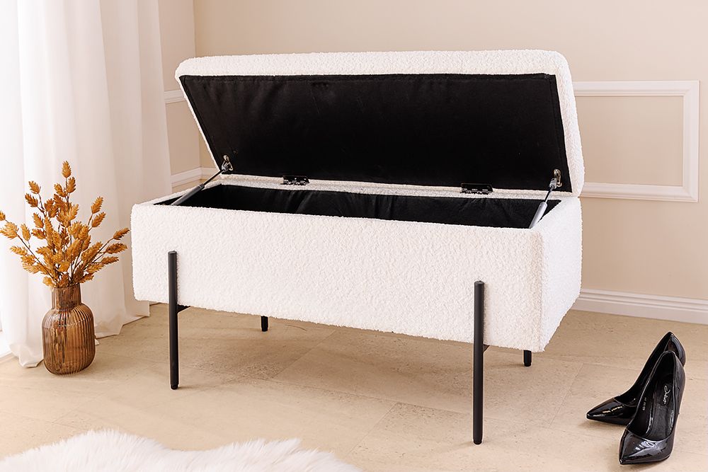 Moderne Truhenbank LOFT 100cm weiß Bouclé Sitzbank mit Stauraum gepolstert schwarz Metall