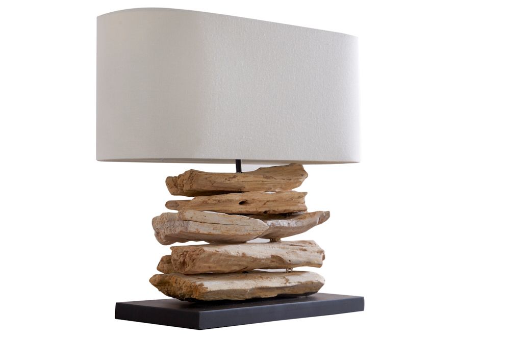 Handgearbeitete Treibholz Lampe RIVERINE 55cm creme Leinenschirm Tischleuchte