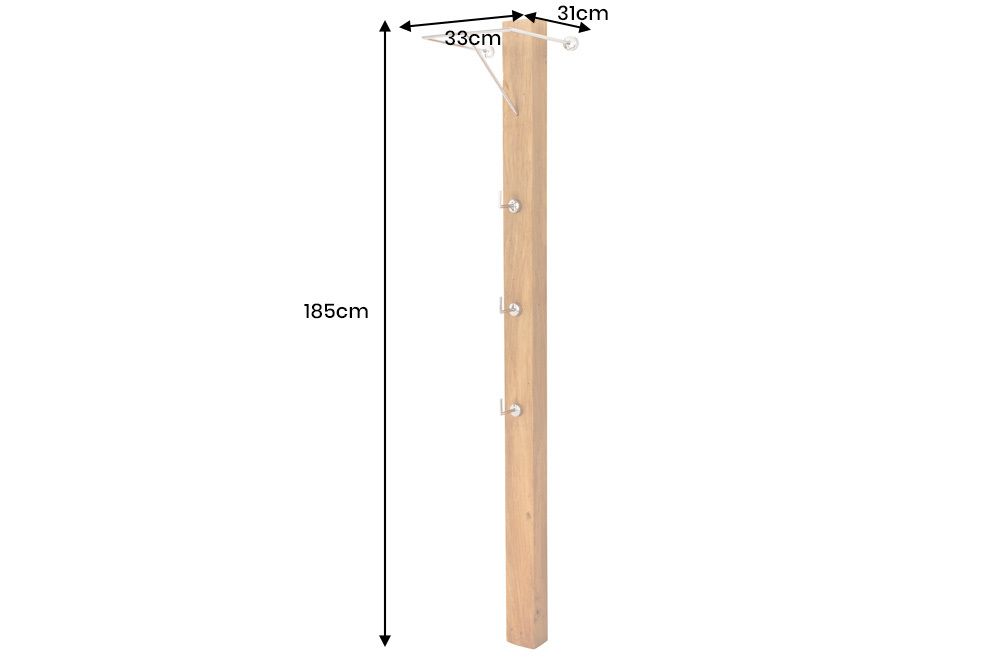 Massive Wandgarderobe JAVA 185cm recyceltes Teakholz mit drei Kleiderhaken