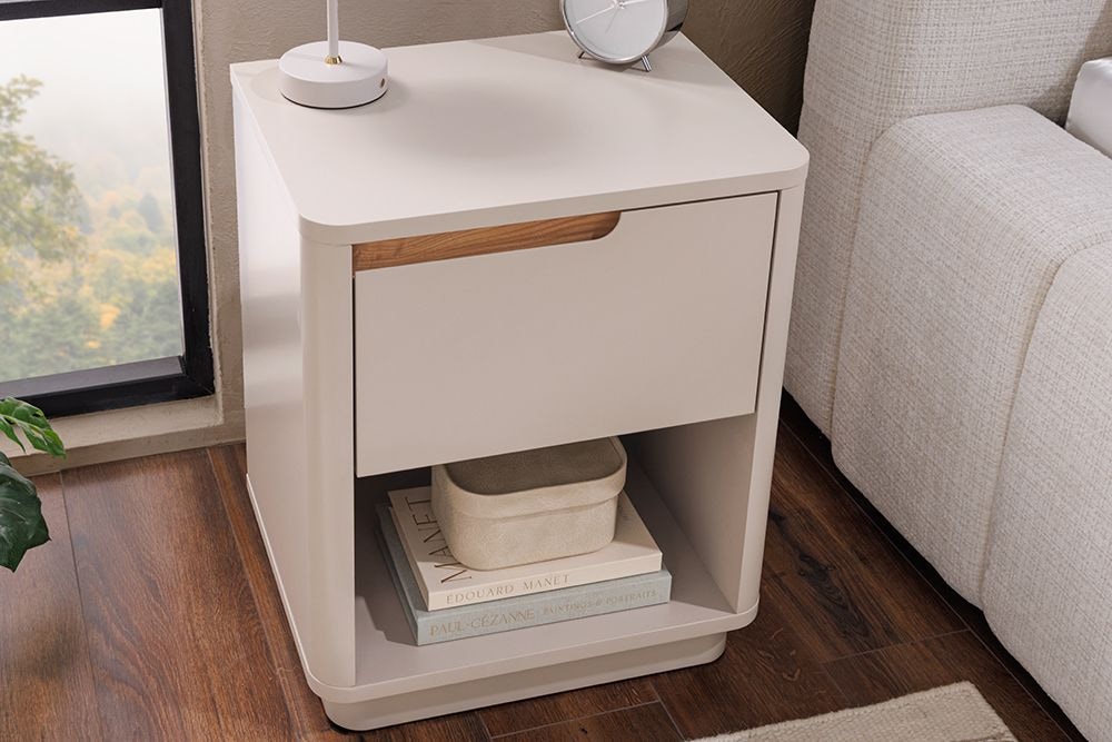 Design Nachtschrank LIV 55cm cashmere weiß mit Schublade und offenem Fach