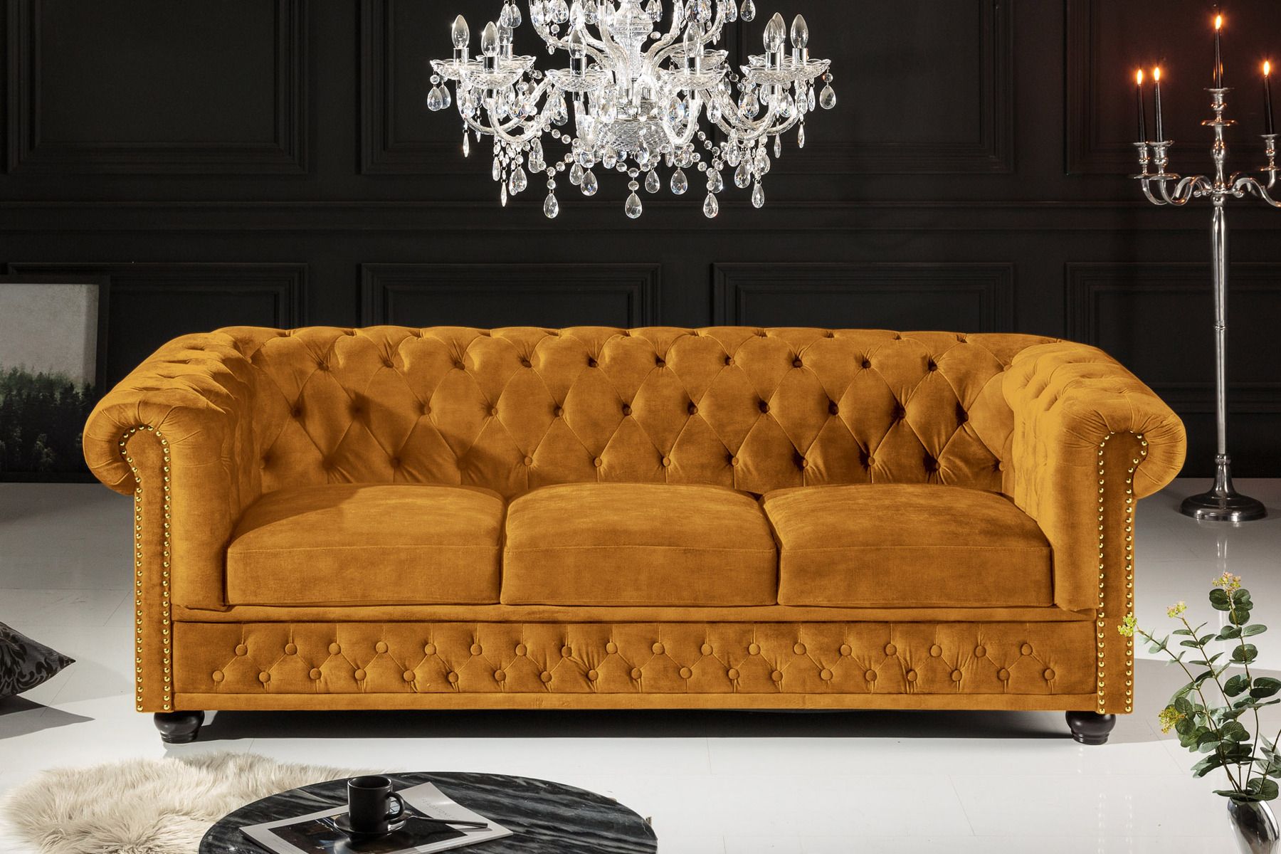 Barock Sofa CHESTERFIELD 205cm senfgelb Samt Federkern Knopfheftung 3-Sitzer Couch