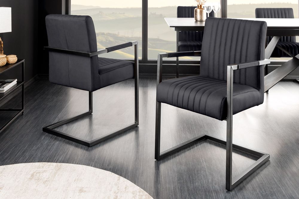 Moderner Freischwinger Stuhl BIG ASTON Echtleder schwarz Taschenfederkern Metall