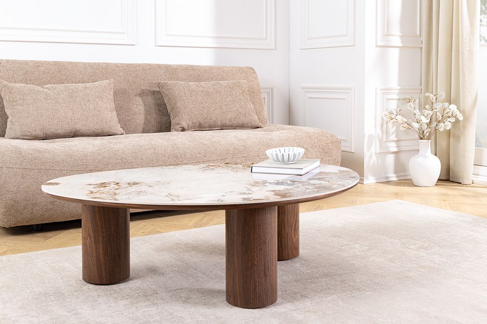 Stilvoller Couchtisch ORGANIKO 110cm weiß braun Walnuss Pandora Keramik