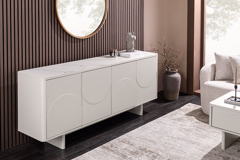 Design Sideboard SAVOY 180cm kaschmir weiß Marmor Keramik mit Stauraum und 3D-Front