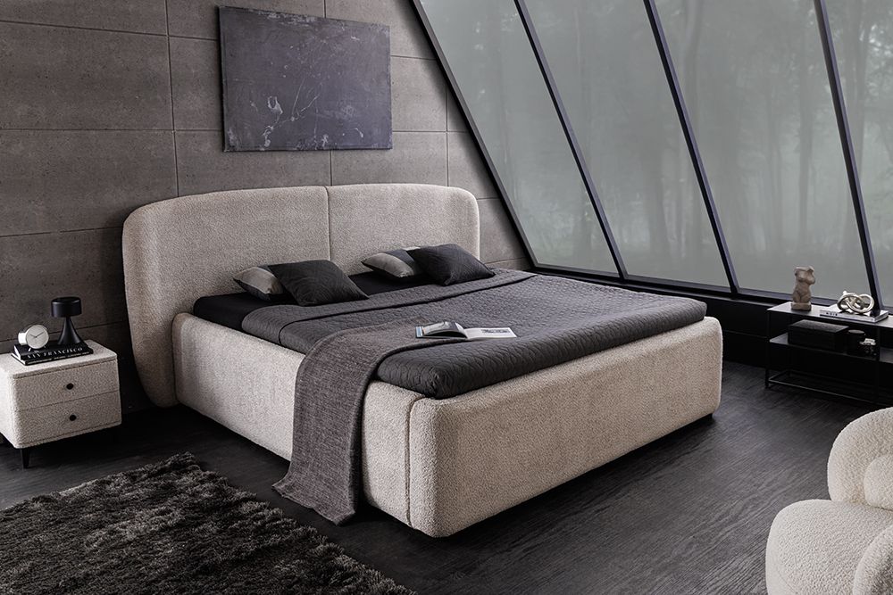 Modernes Boxbett ART DECO 180x200cm greige Bouclé mit Stauraum und Lattenrost