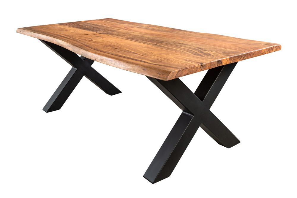 Massivholz Couchtisch MAMMUT 120cm Akazie Honey Finish X-Gestell schwarz 2,5cm Tischplatte